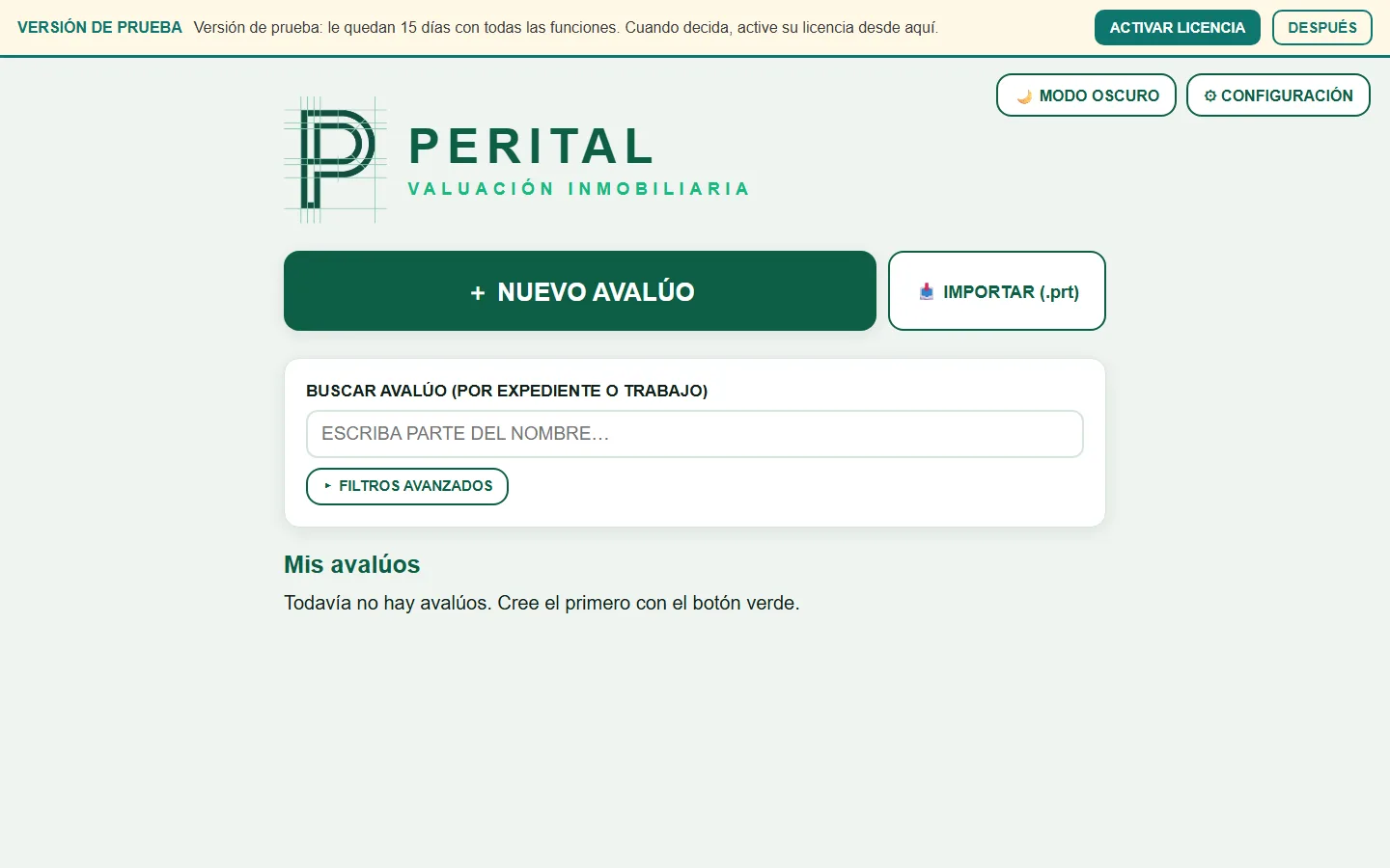 Pantalla de inicio de Perital con la lista de avalúos
